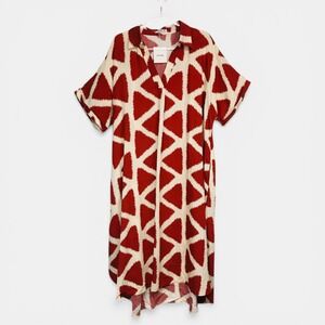 OSTOO Womens XXL Red Cream Geometric Triangle Print Viscose Midi Shift Dress NWT